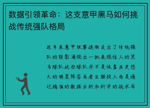 数据引领革命：这支意甲黑马如何挑战传统强队格局