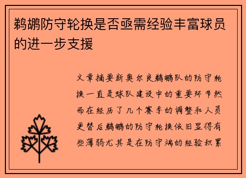 鹈鹕防守轮换是否亟需经验丰富球员的进一步支援