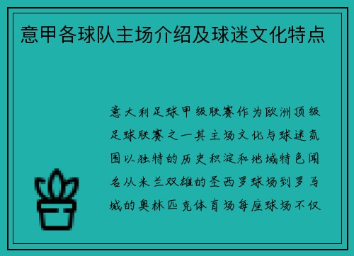 意甲各球队主场介绍及球迷文化特点