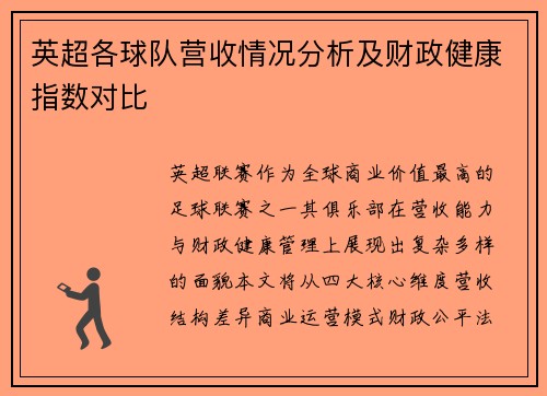 英超各球队营收情况分析及财政健康指数对比
