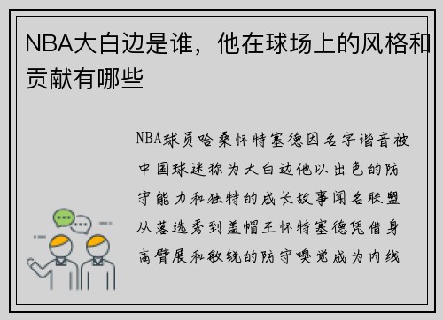 NBA大白边是谁，他在球场上的风格和贡献有哪些